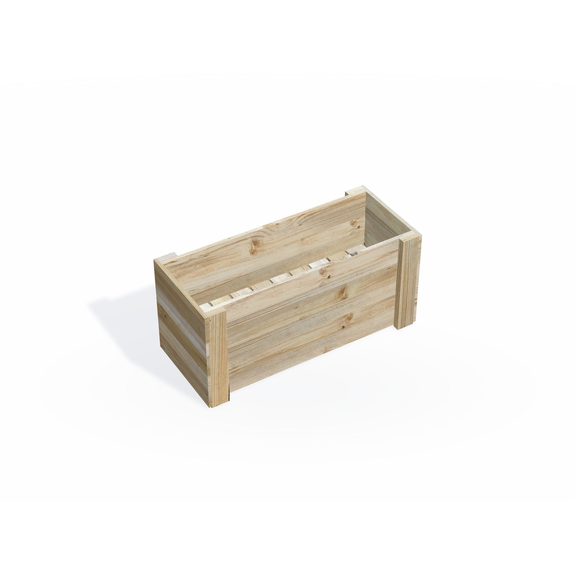 Inside the planter box: slatted timber base on the shelf rail, sized for 390mm self-watering pots or bring your own