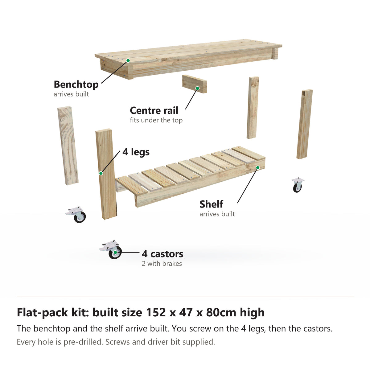 Potting bench flat-pack kit, 152cm long with a 47cm top on wheels, pulled apart: the benchtop and slatted shelf arrive built, plus 4 legs, the centre rail and 4 castors. Built size 152 x 47 x 80cm high.