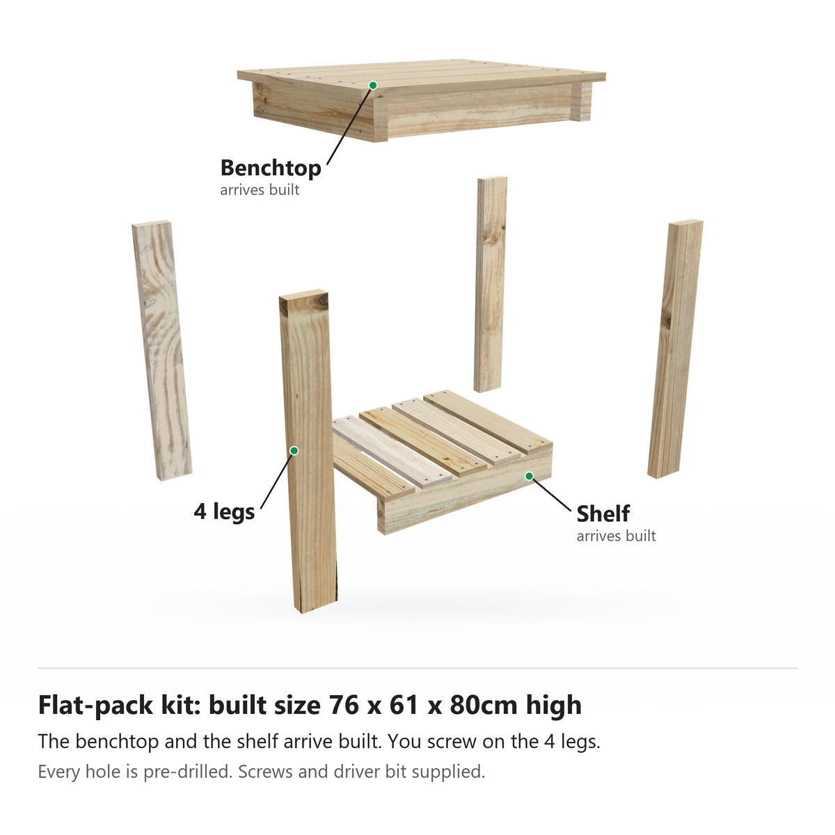 Potting bench flat-pack kit, 76cm long with a 61cm top, pulled apart: the benchtop and slatted shelf arrive built, plus 4 legs. Built size 76 x 61 x 80cm high.