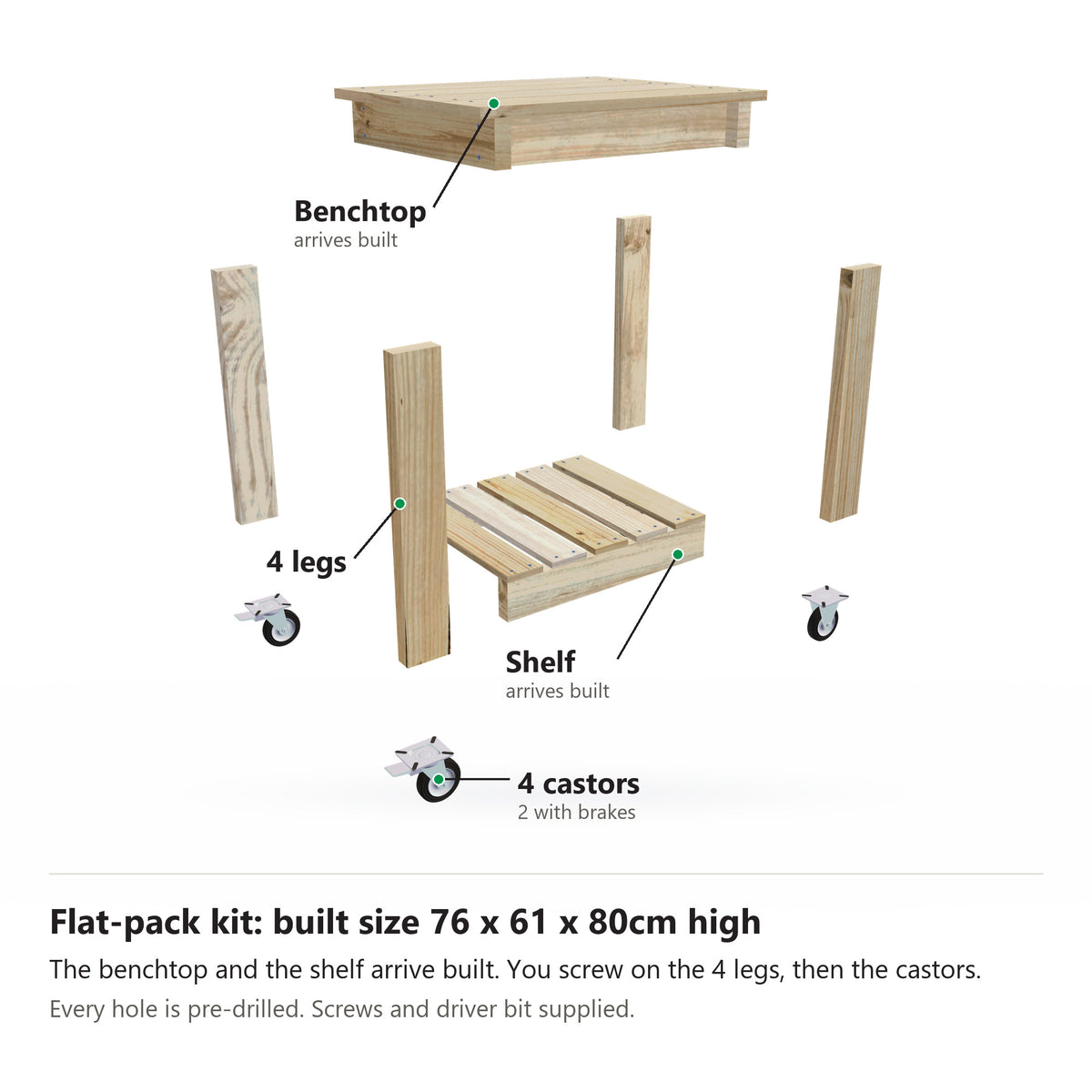Potting bench flat-pack kit, 76cm long with a 61cm top on wheels, pulled apart: the benchtop and slatted shelf arrive built, plus 4 legs and 4 castors. Built size 76 x 61 x 80cm high.
