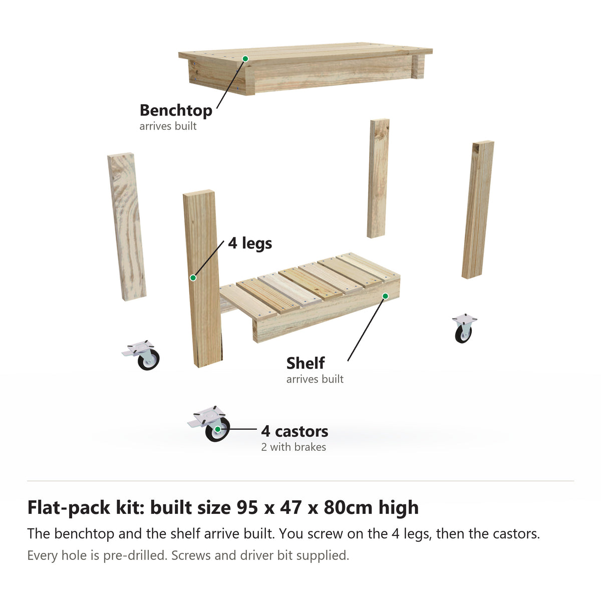 Potting bench flat-pack kit, 95cm long with a 47cm top on wheels, pulled apart: the benchtop and slatted shelf arrive built, plus 4 legs and 4 castors. Built size 95 x 47 x 80cm high.
