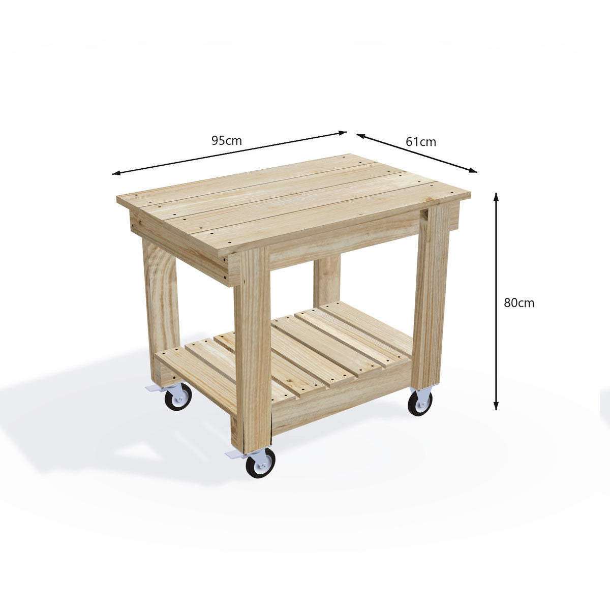 Flat-pack kit built up: timber potting bench 95cm long with wide 61cm top on lockable wheels, 80cm work height