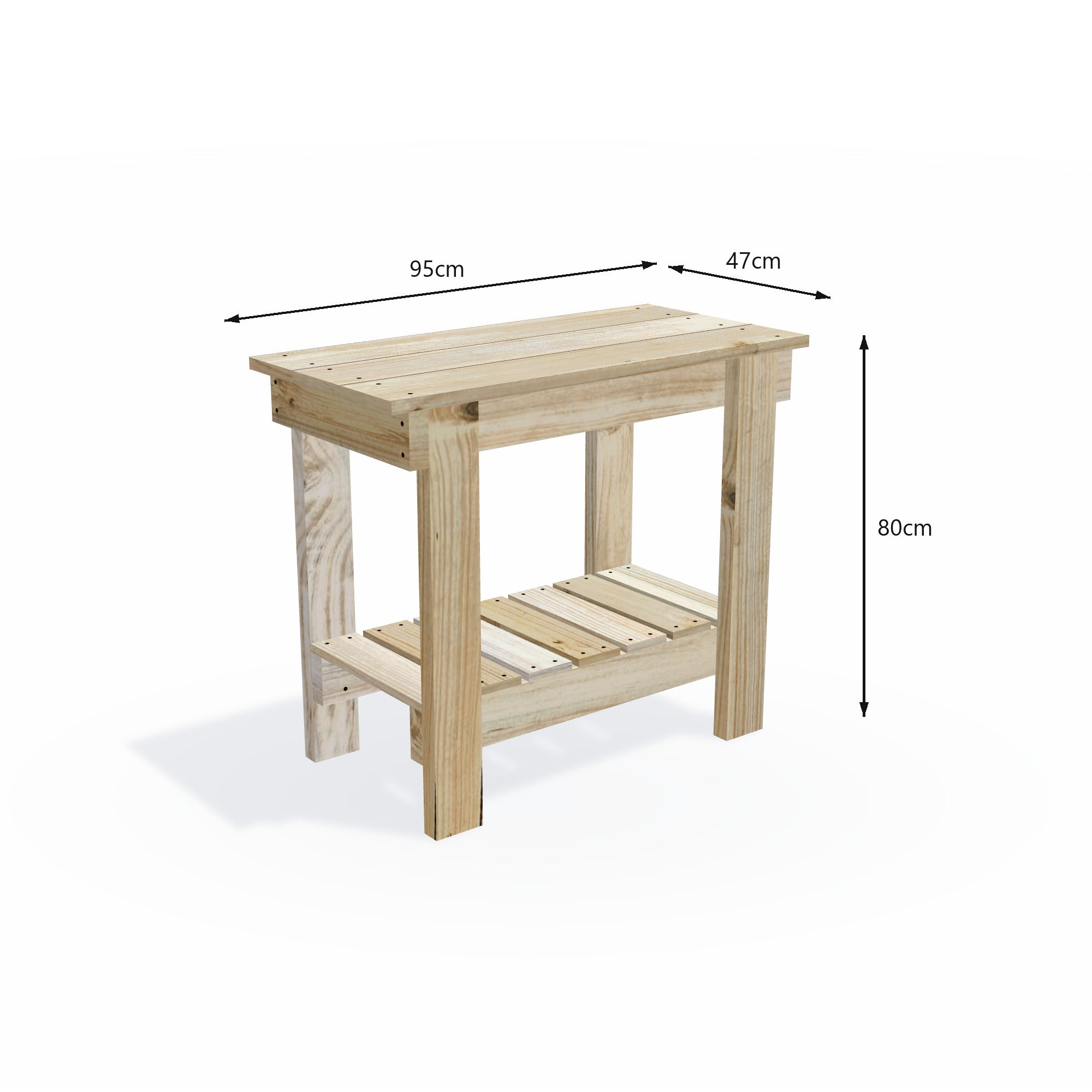 Assembled 95cm timber potting bench from the flat-pack kit, 80cm work height with slatted storage shelf