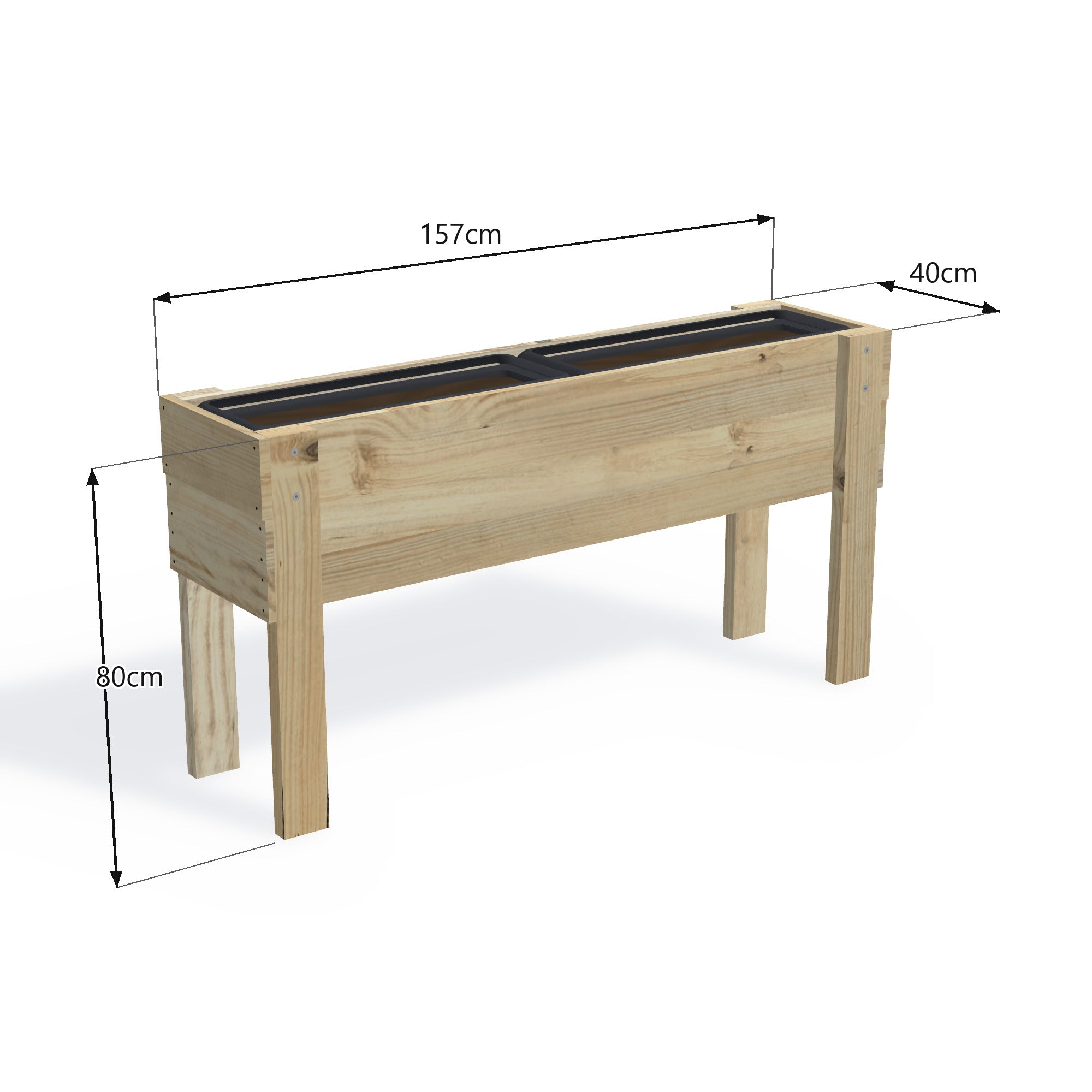 Corrogarden Slimline planter box, 157cm long, 40cm wide, 80cm standing height, timber planter holding two Northcote self-watering troughs — dimensions