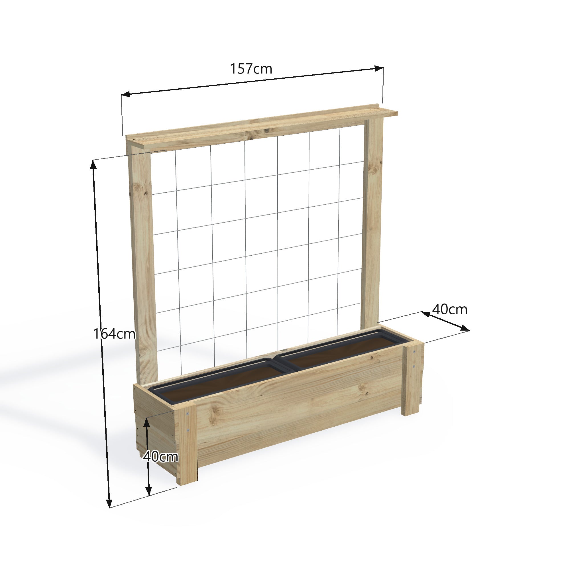 Corrogarden Slimline planter box with growing trellis, 157cm long, 40cm wide, 40cm planting height, 164cm overall, holding two Northcote self-watering troughs — dimensions
