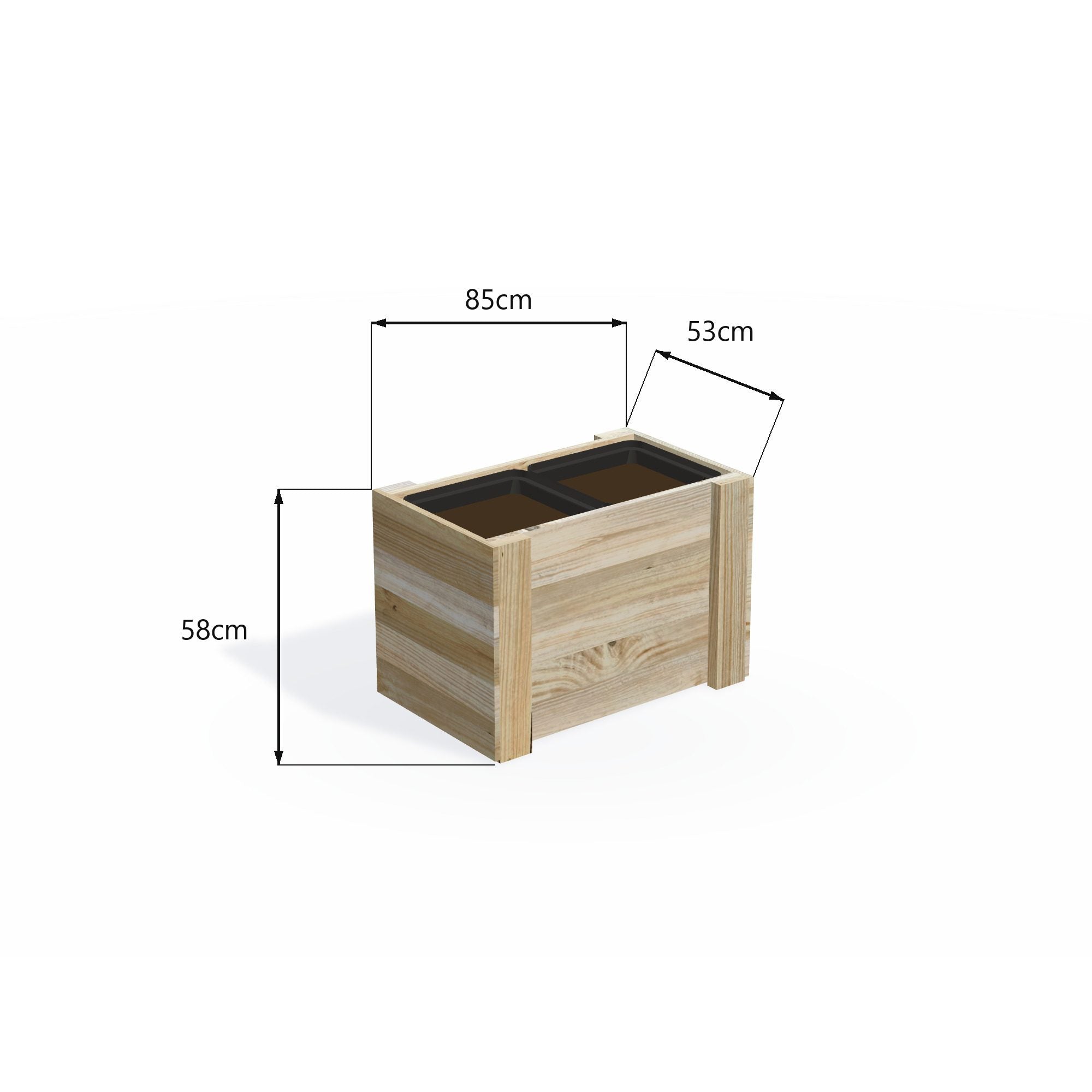 Dimensions: timber planter box for 2 self-watering pots (2 pot 85cm), 58cm planter, timber to the ground. 53cm wide, planting height 58cm.