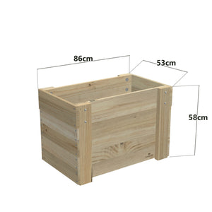 Dimensions: timber planter box for 2 self-watering pots (2 pot 86cm), 58cm planter, timber to the ground. 53cm wide, planting height 58cm.