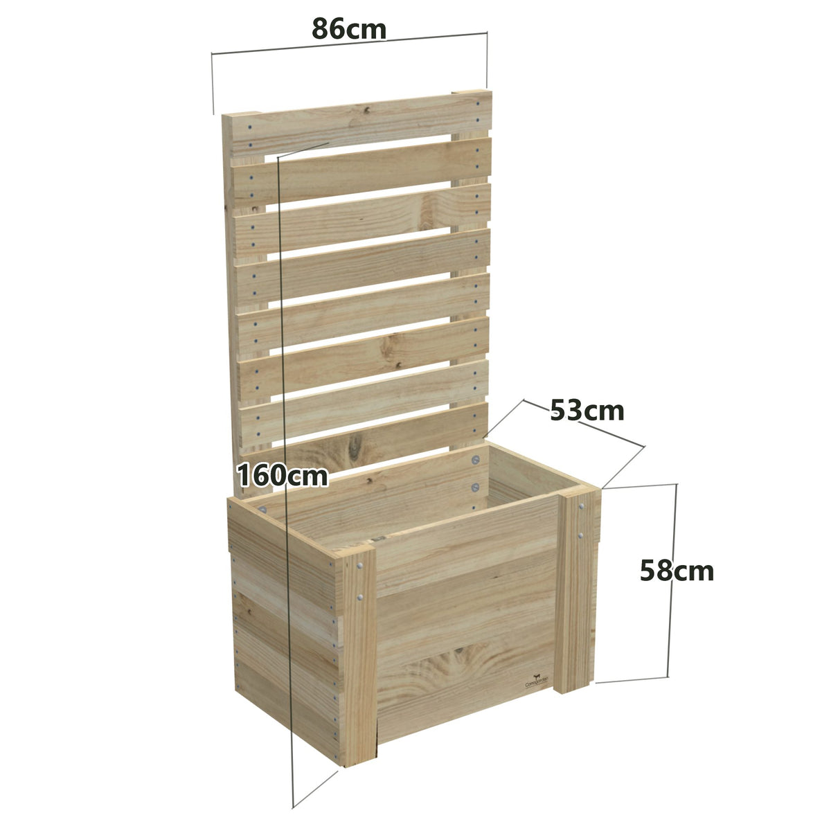 Dimensions: timber planter box for 2 self-watering pots (2 pot 86cm), 1.6m privacy screen. 53cm wide, planting height 58cm.