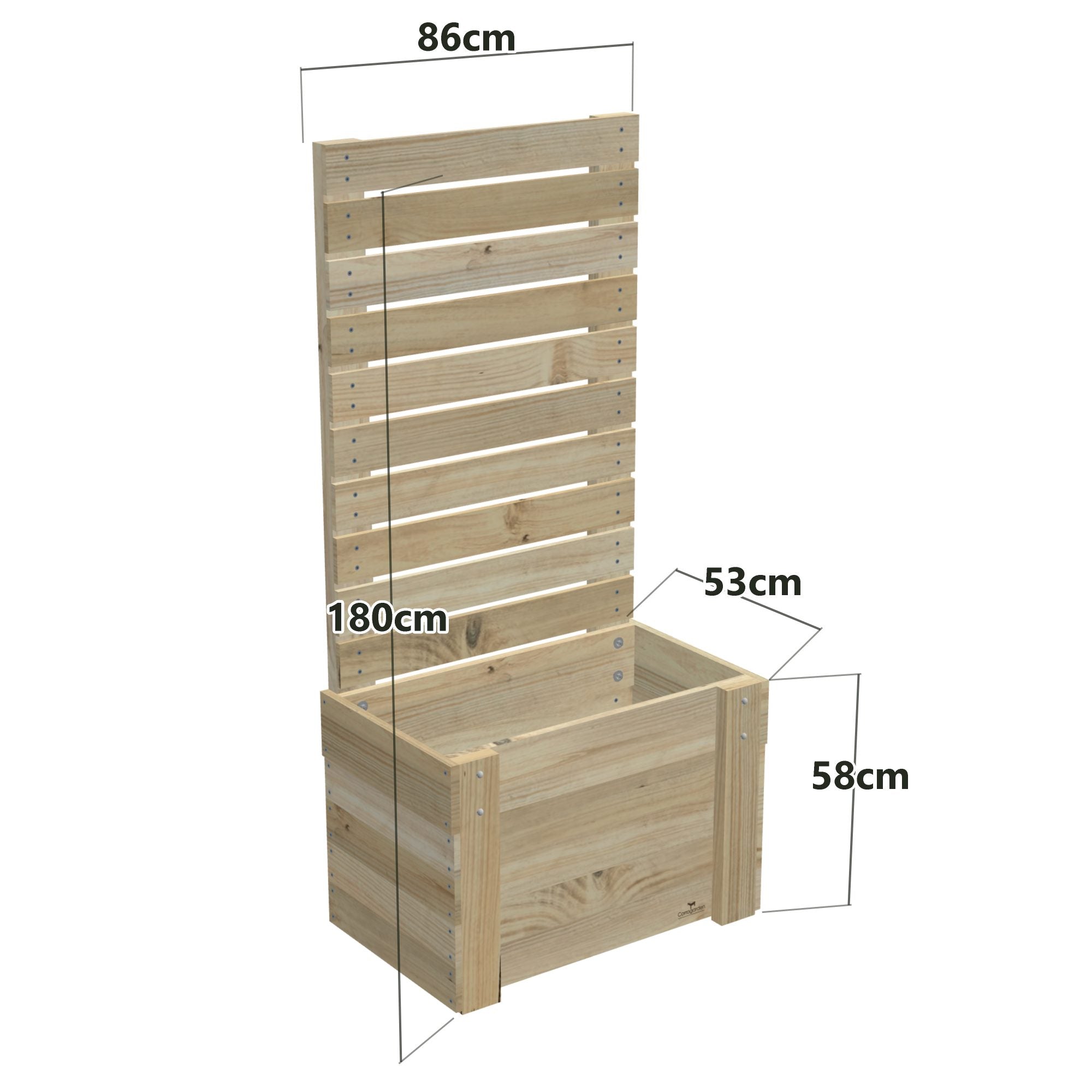 Dimensions: timber planter box for 2 self-watering pots (2 pot 86cm), 1.8m tall screen. 53cm wide, planting height 58cm.