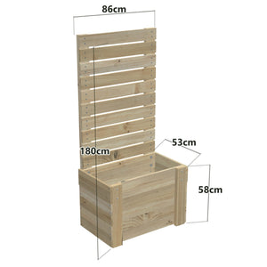 Dimensions: timber planter box for 2 self-watering pots (2 pot 86cm), 1.8m tall screen. 53cm wide, planting height 58cm.