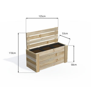 Dimensions: timber planter box for 3 self-watering pots (3 pot 125cm), 1.1m cafe barrier screen. 53cm wide, planting height 58cm.