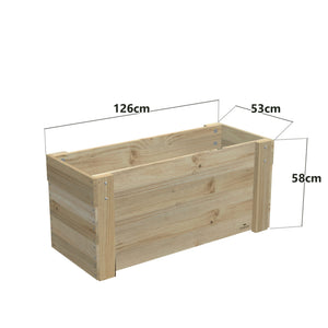 Dimensions: timber planter box for 3 self-watering pots (3 pot 126cm), 58cm planter, timber to the ground. 53cm wide, planting height 58cm.
