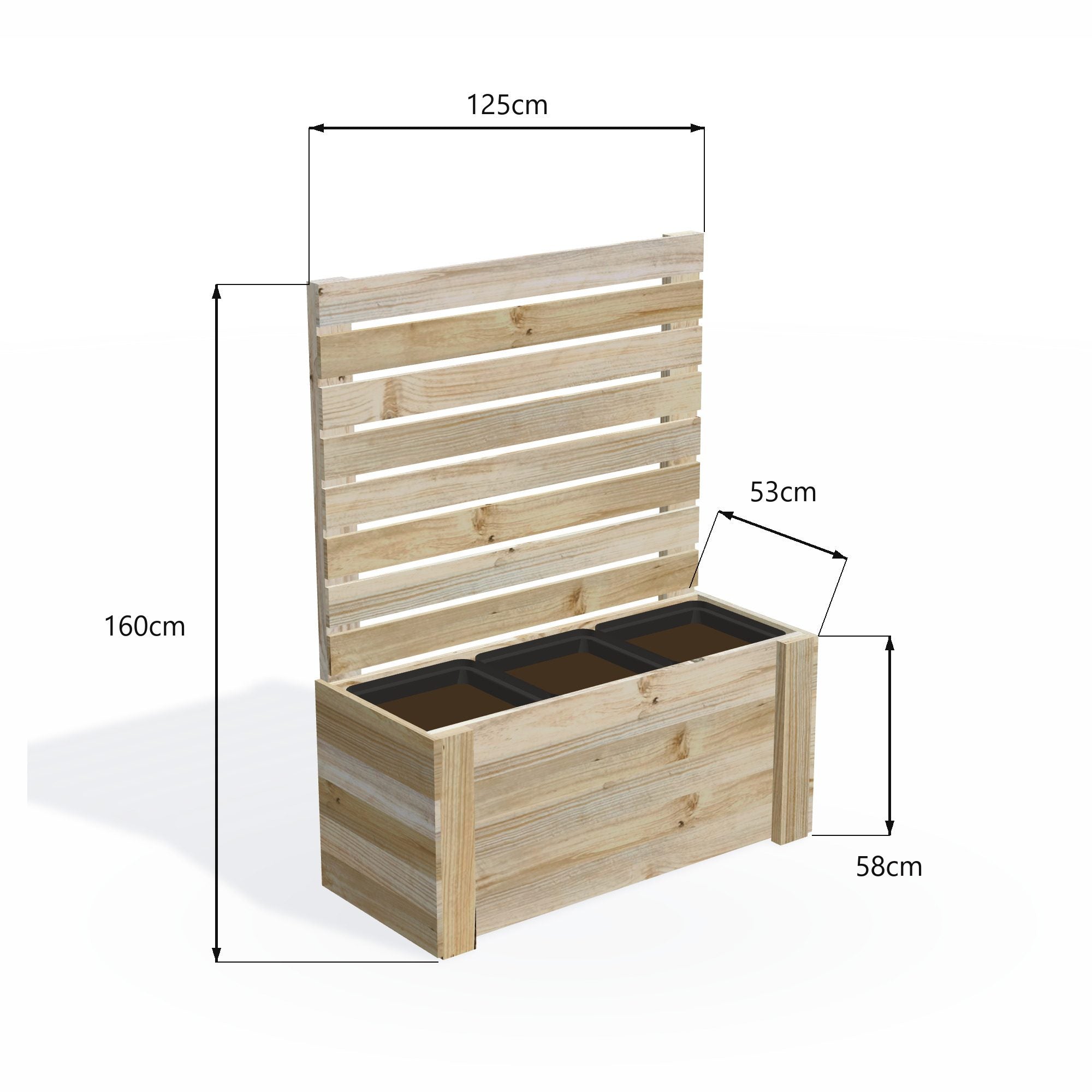 Dimensions: timber planter box for 3 self-watering pots (3 pot 125cm), 1.6m privacy screen. 53cm wide, planting height 58cm.
