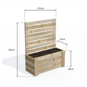Dimensions: timber planter box for 3 self-watering pots (3 pot 125cm), 1.6m privacy screen. 53cm wide, planting height 58cm.