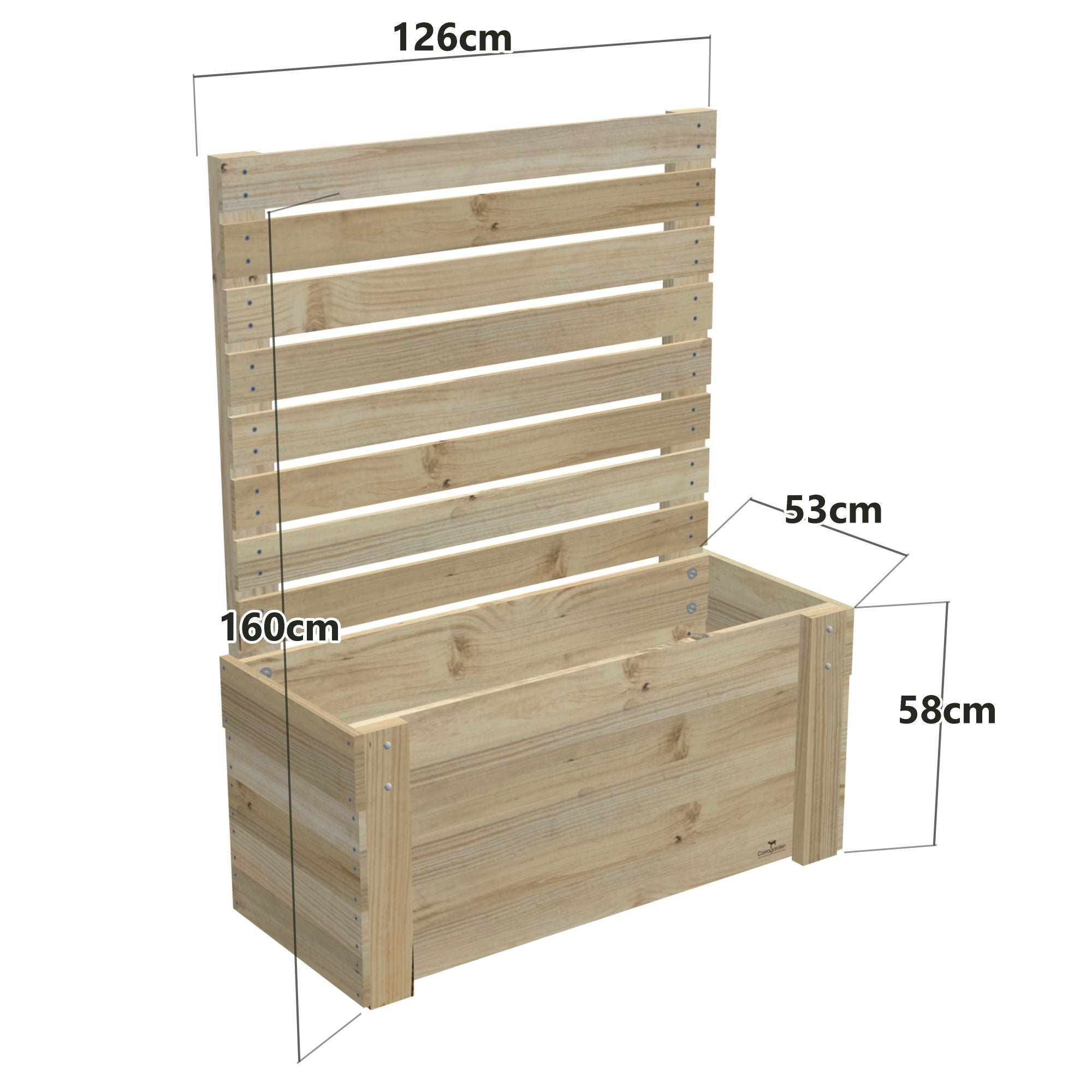 Dimensions: timber planter box for 3 self-watering pots (3 pot 126cm), 1.6m privacy screen. 53cm wide, planting height 58cm.