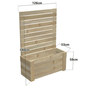 Dimensions: timber planter box for 3 self-watering pots (3 pot 126cm), 1.8m tall screen. 53cm wide, planting height 58cm.