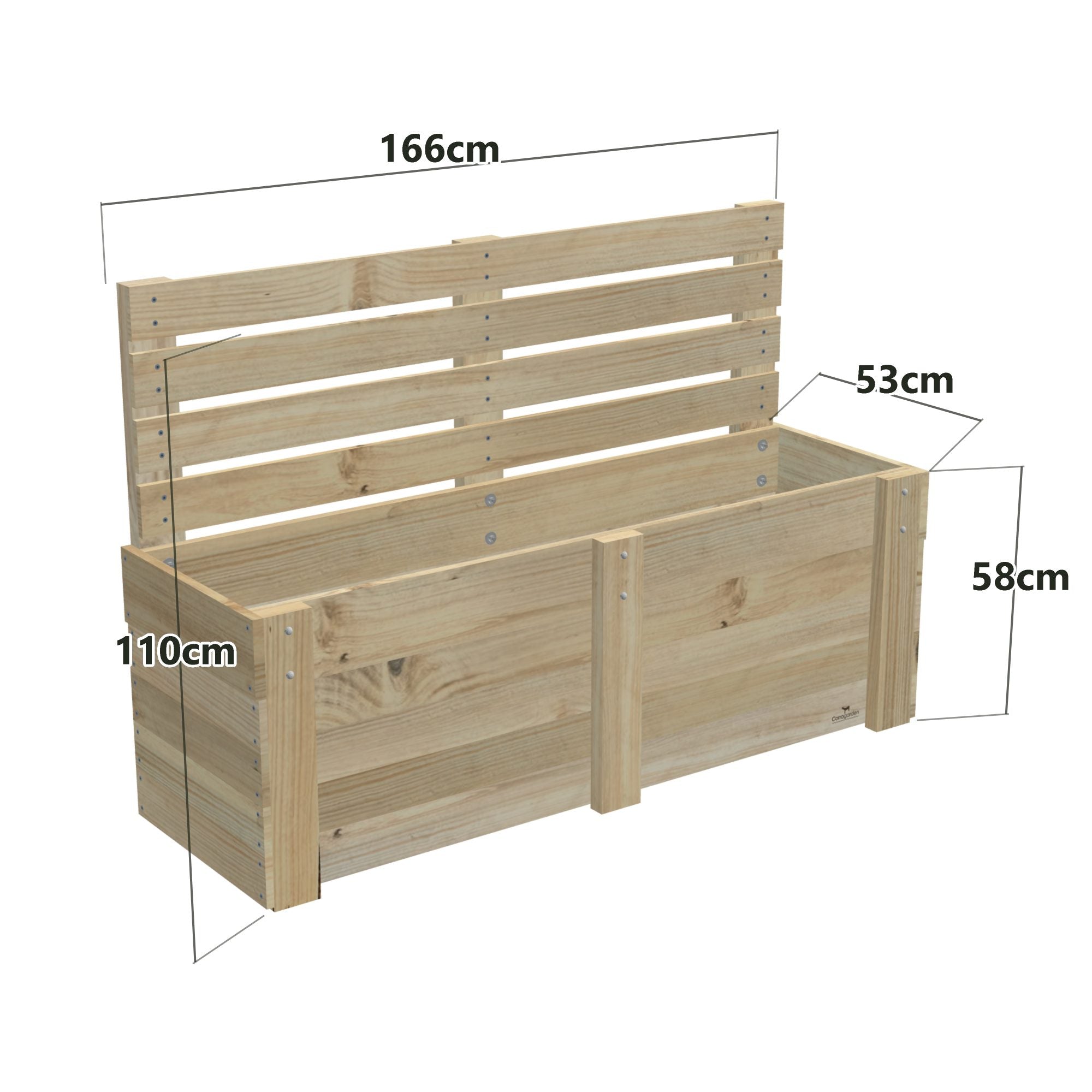 Dimensions: timber planter box for 4 self-watering pots (4 pot 166cm), 1.1m cafe barrier screen. 53cm wide, planting height 58cm.