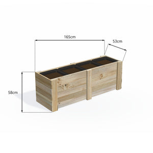 Dimensions: timber planter box for 4 self-watering pots (4 pot 165cm), 58cm planter, timber to the ground. 53cm wide, planting height 58cm.
