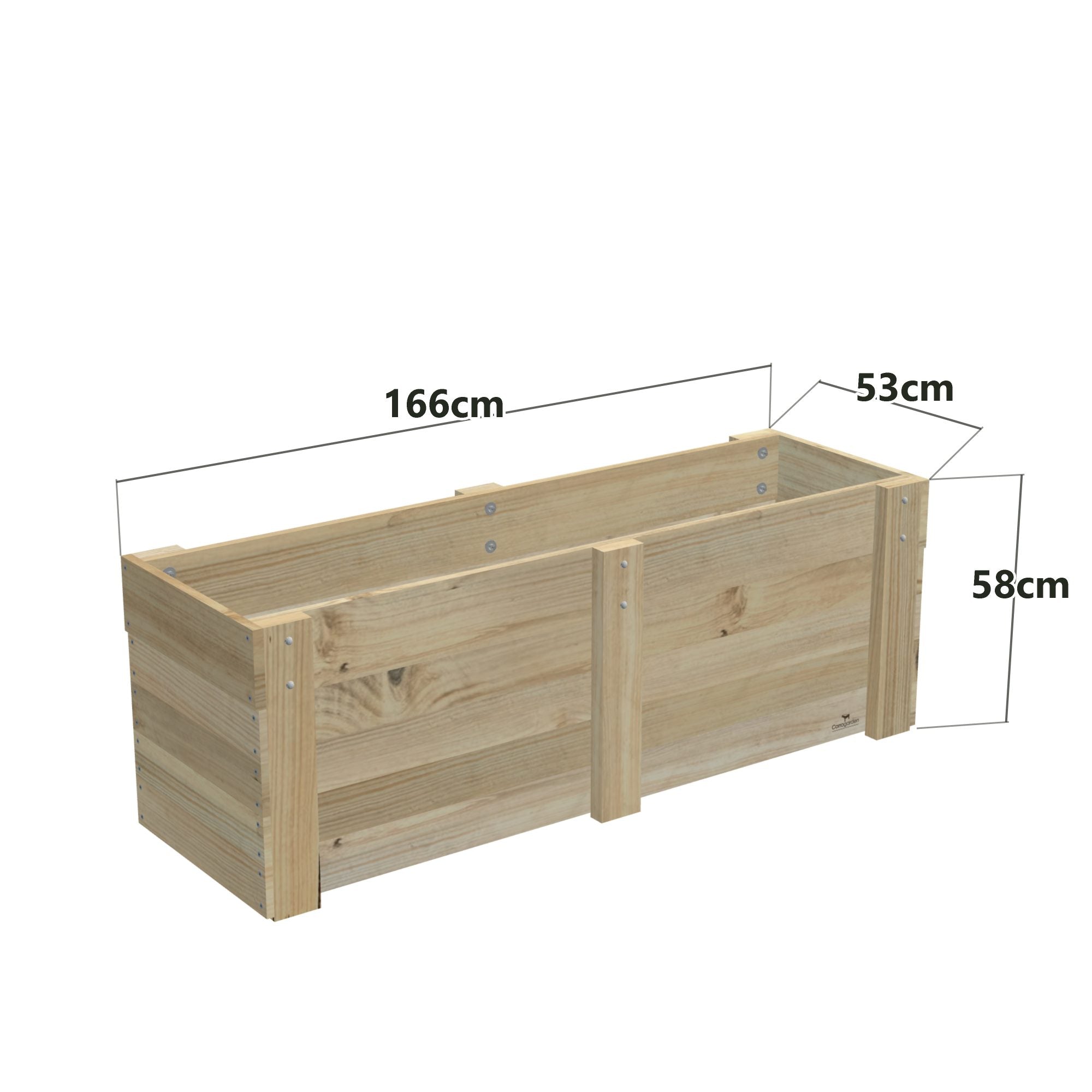 Dimensions: timber planter box for 4 self-watering pots (4 pot 166cm), 58cm planter, timber to the ground. 53cm wide, planting height 58cm.