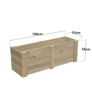 Dimensions: timber planter box for 4 self-watering pots (4 pot 166cm), 58cm planter, timber to the ground. 53cm wide, planting height 58cm.