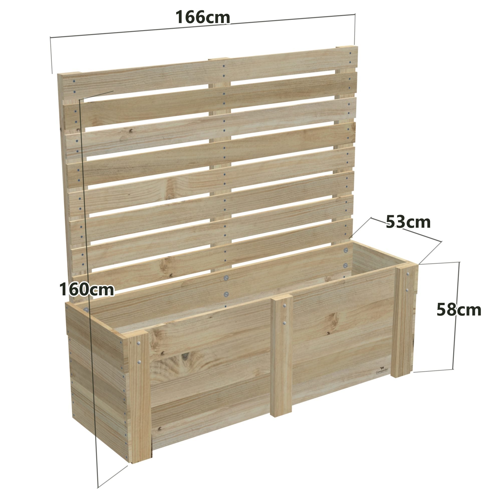 Dimensions: timber planter box for 4 self-watering pots (4 pot 166cm), 1.6m privacy screen. 53cm wide, planting height 58cm.