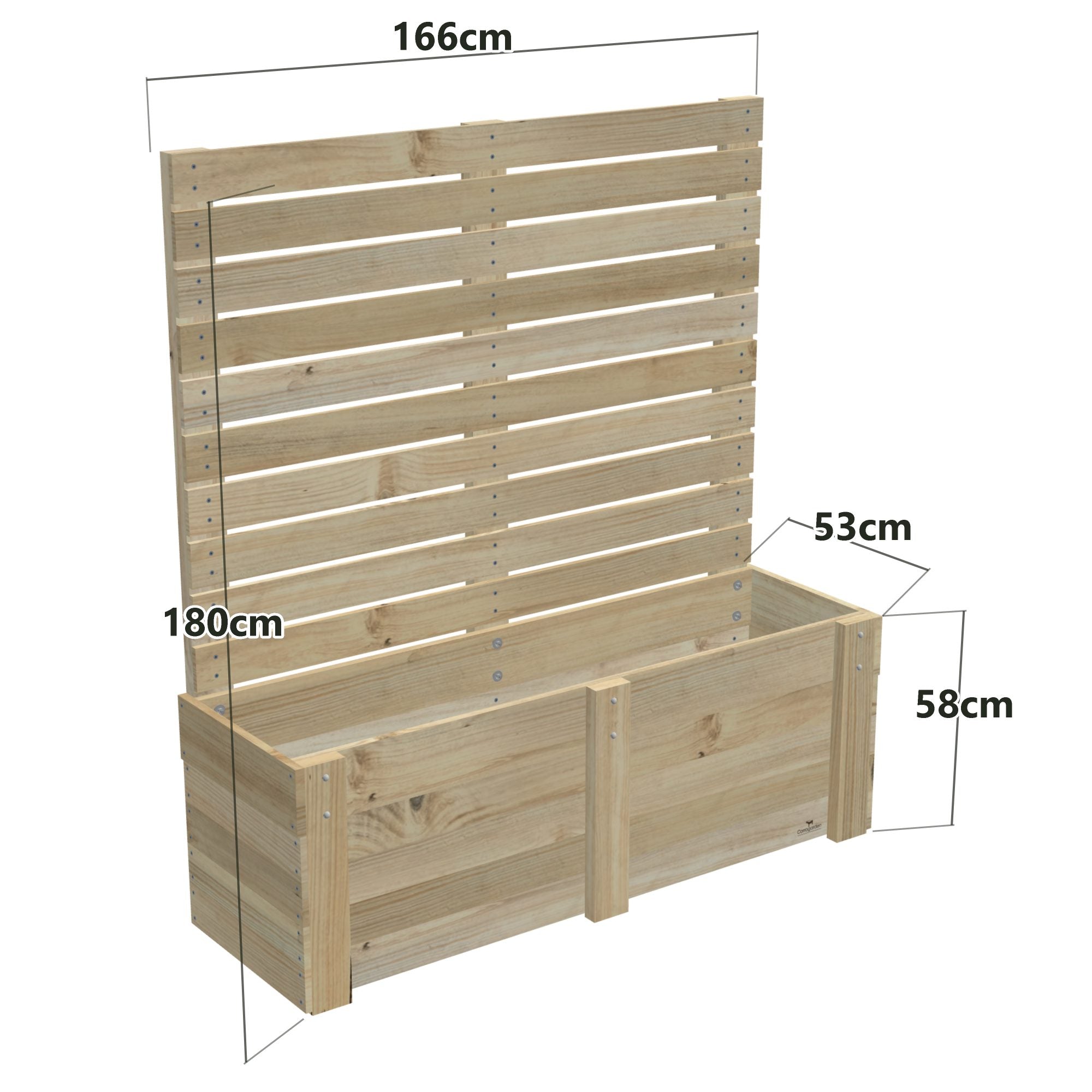 Dimensions: timber planter box for 4 self-watering pots (4 pot 166cm), 1.8m tall screen. 53cm wide, planting height 58cm.