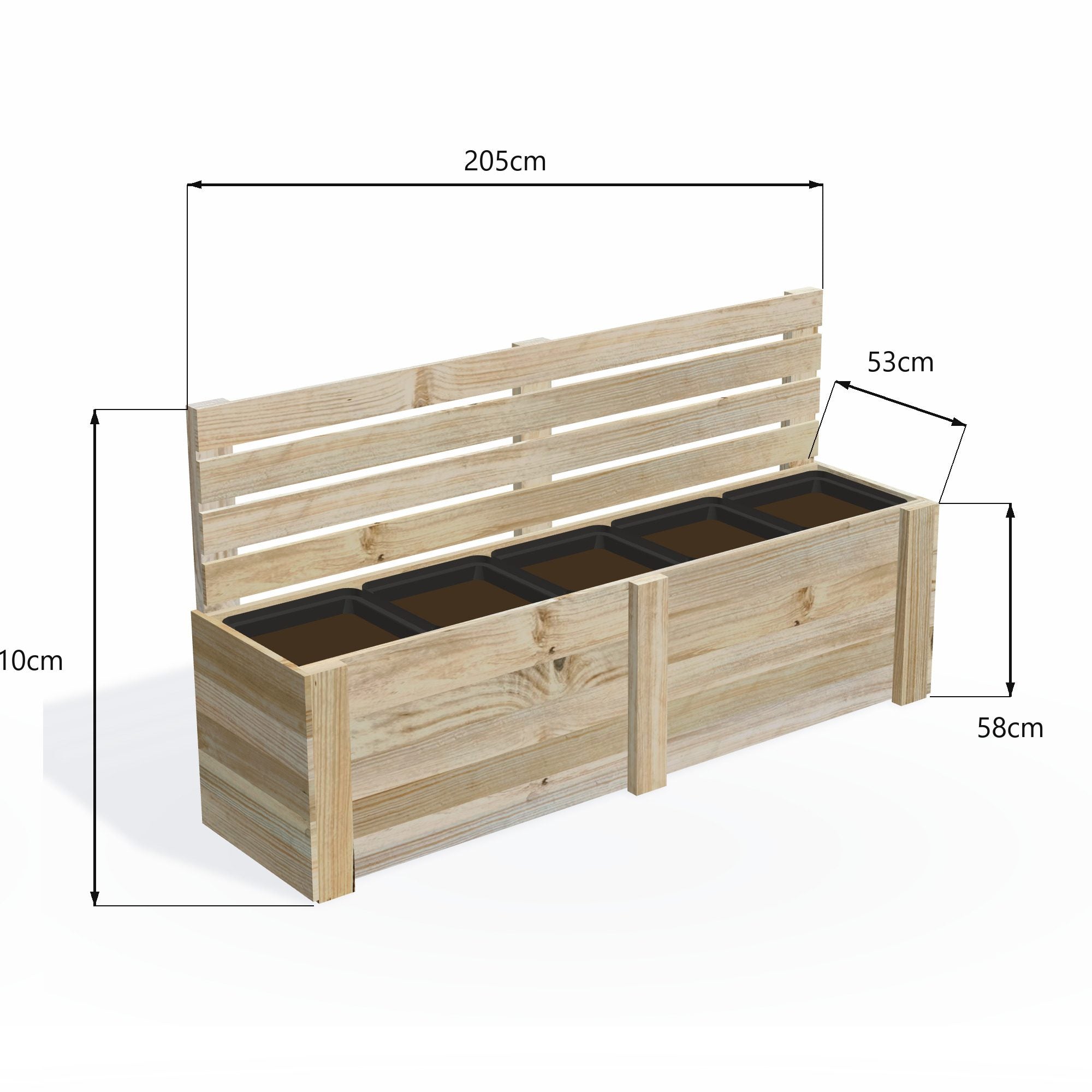 Dimensions: timber planter box for 5 self-watering pots (5 pot 205cm), 1.1m cafe barrier screen. 53cm wide, planting height 58cm.