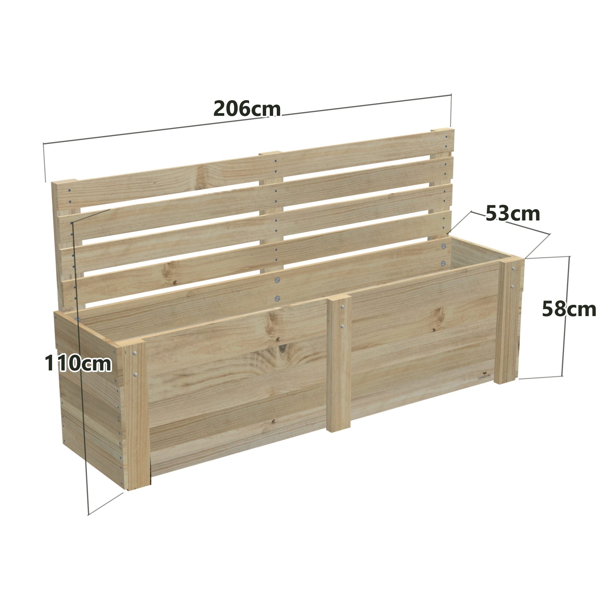 Dimensions: timber planter box for 5 self-watering pots (5 pot 206cm), 1.1m cafe barrier screen. 53cm wide, planting height 58cm.