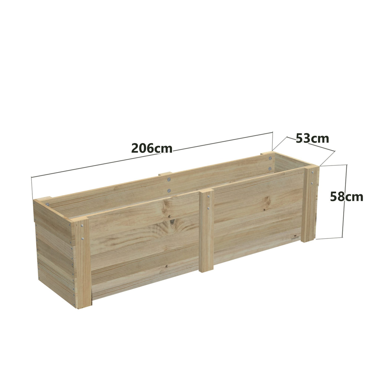 Dimensions: timber planter box for 5 self-watering pots (5 pot 206cm), 58cm planter, timber to the ground. 53cm wide, planting height 58cm.