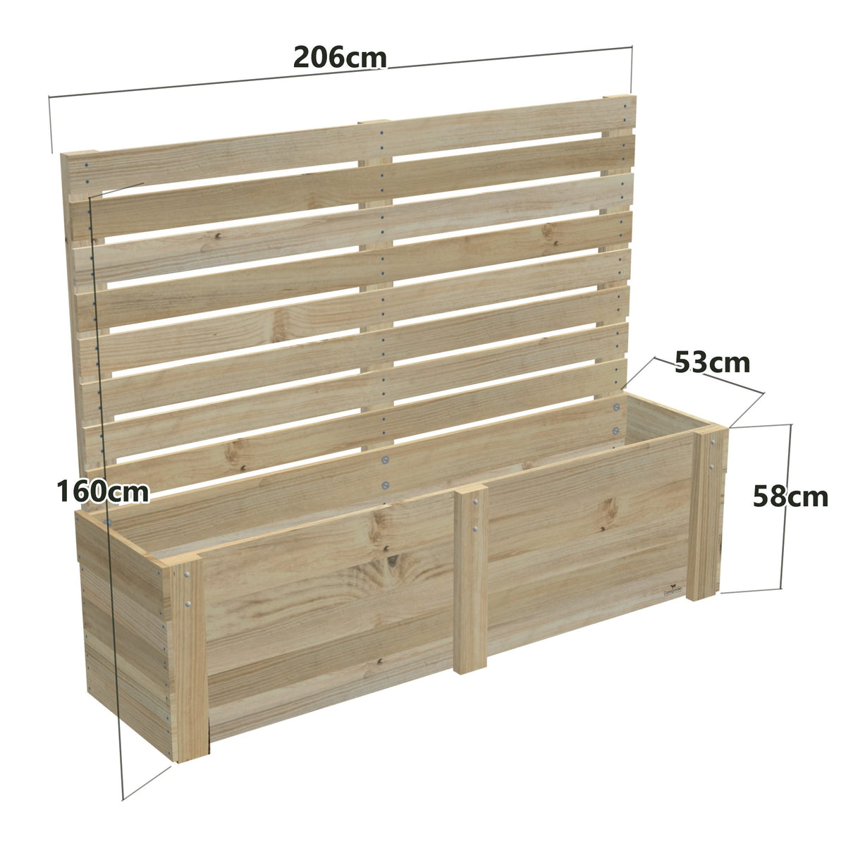 Dimensions: timber planter box for 5 self-watering pots (5 pot 206cm), 1.6m privacy screen. 53cm wide, planting height 58cm.
