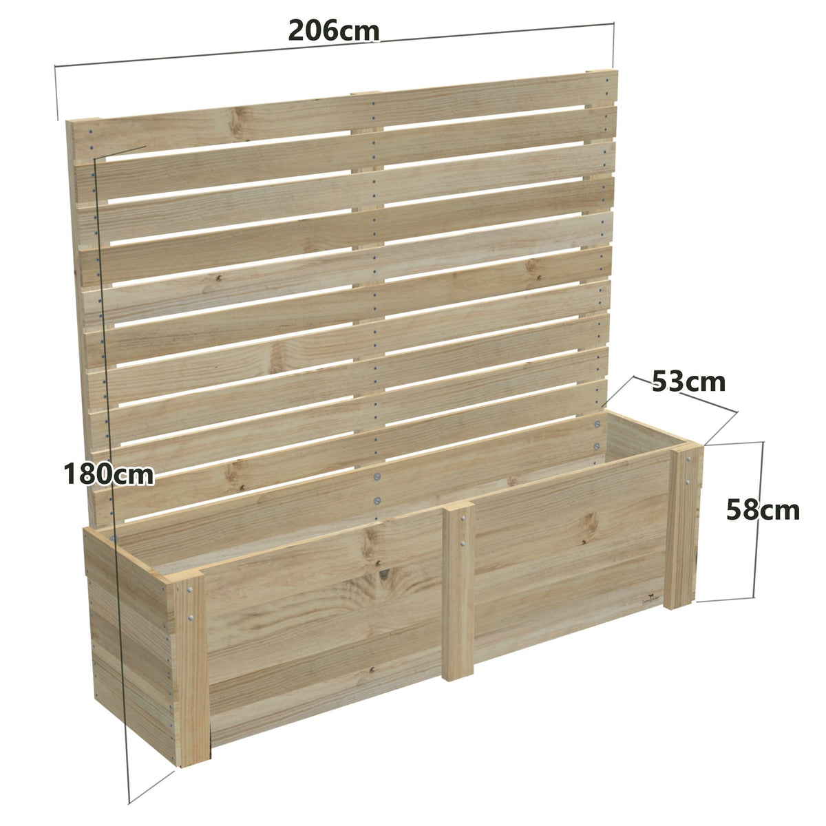 Dimensions: timber planter box for 5 self-watering pots (5 pot 206cm), 1.8m tall screen. 53cm wide, planting height 58cm.