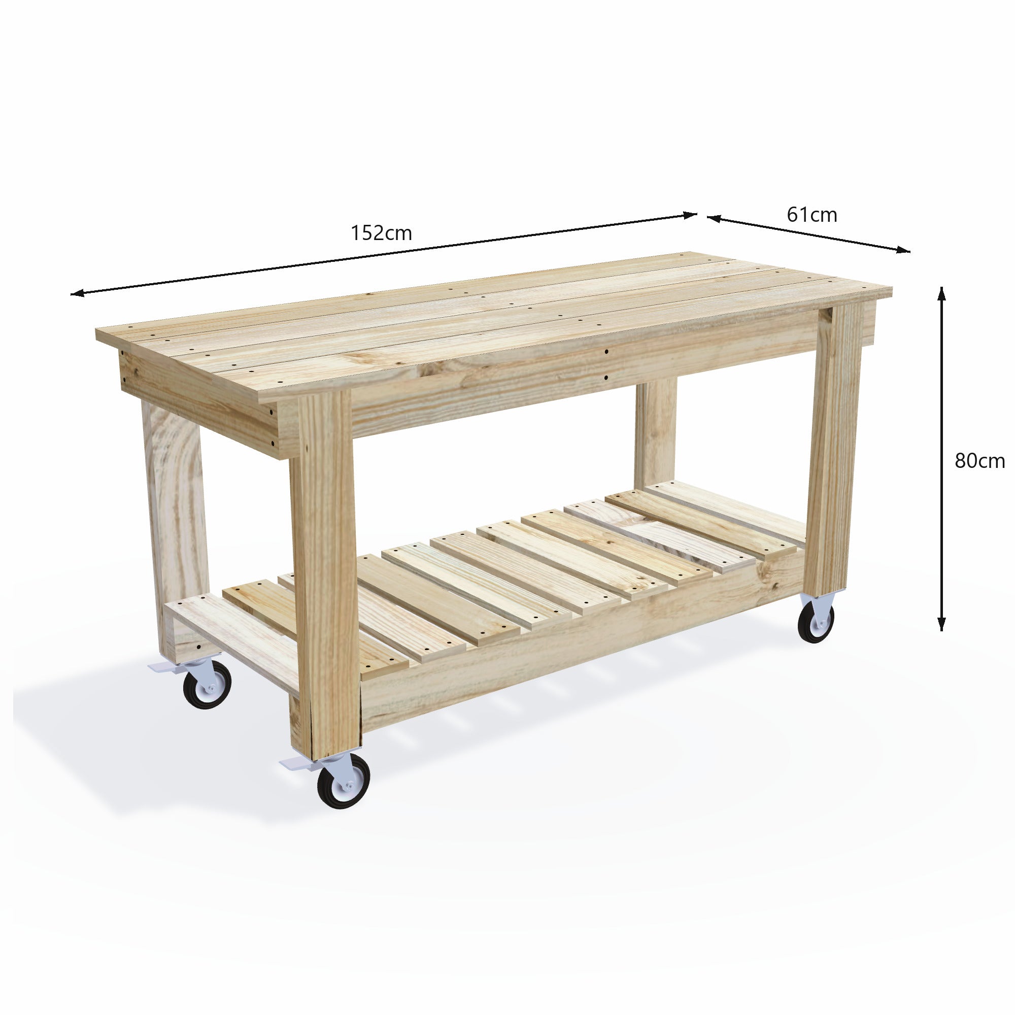 Timber potting bench 152cm long with wide 61cm top on lockable wheels, 80cm work height