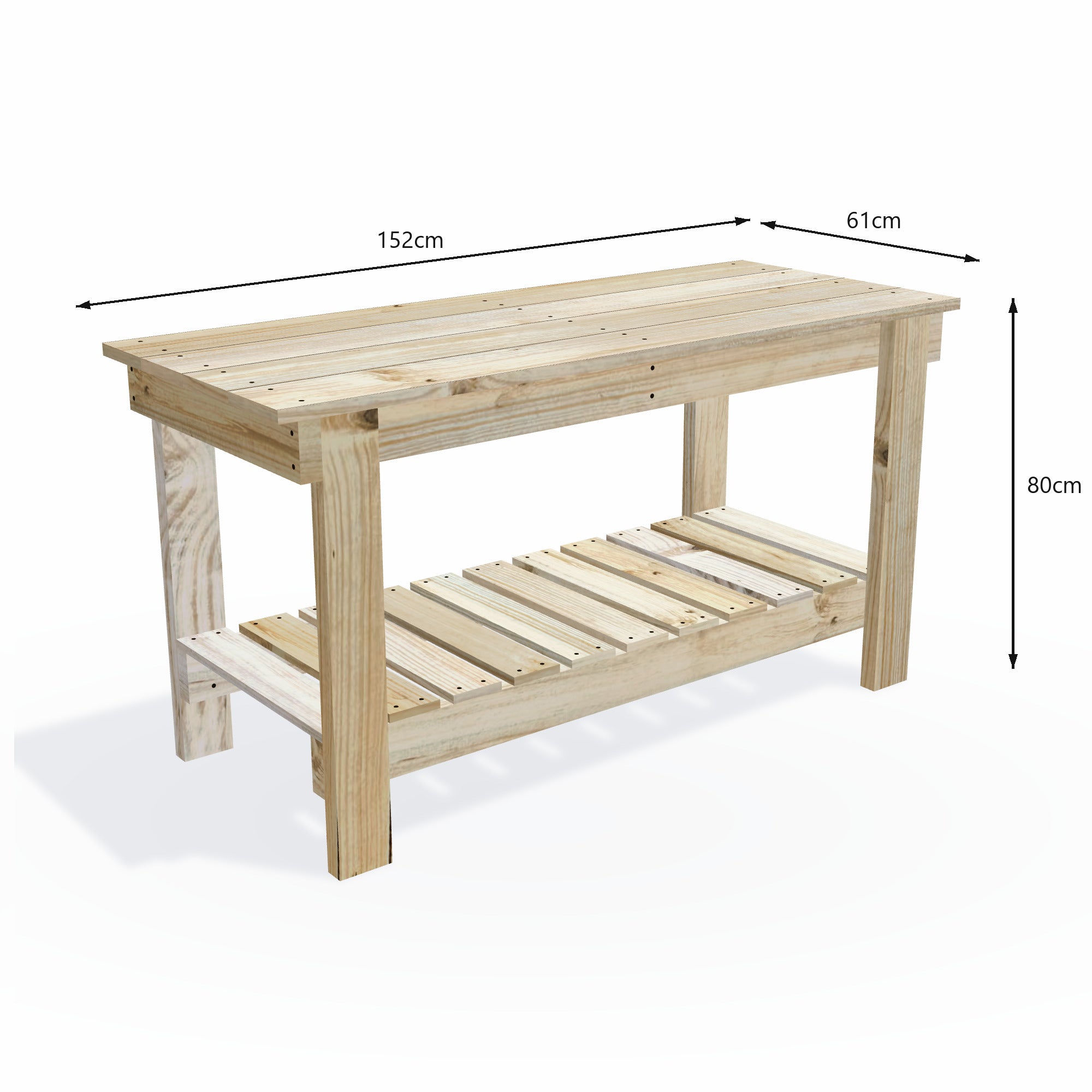 Timber potting bench 152cm long with wide 61cm top, 80cm work height and slatted storage shelf