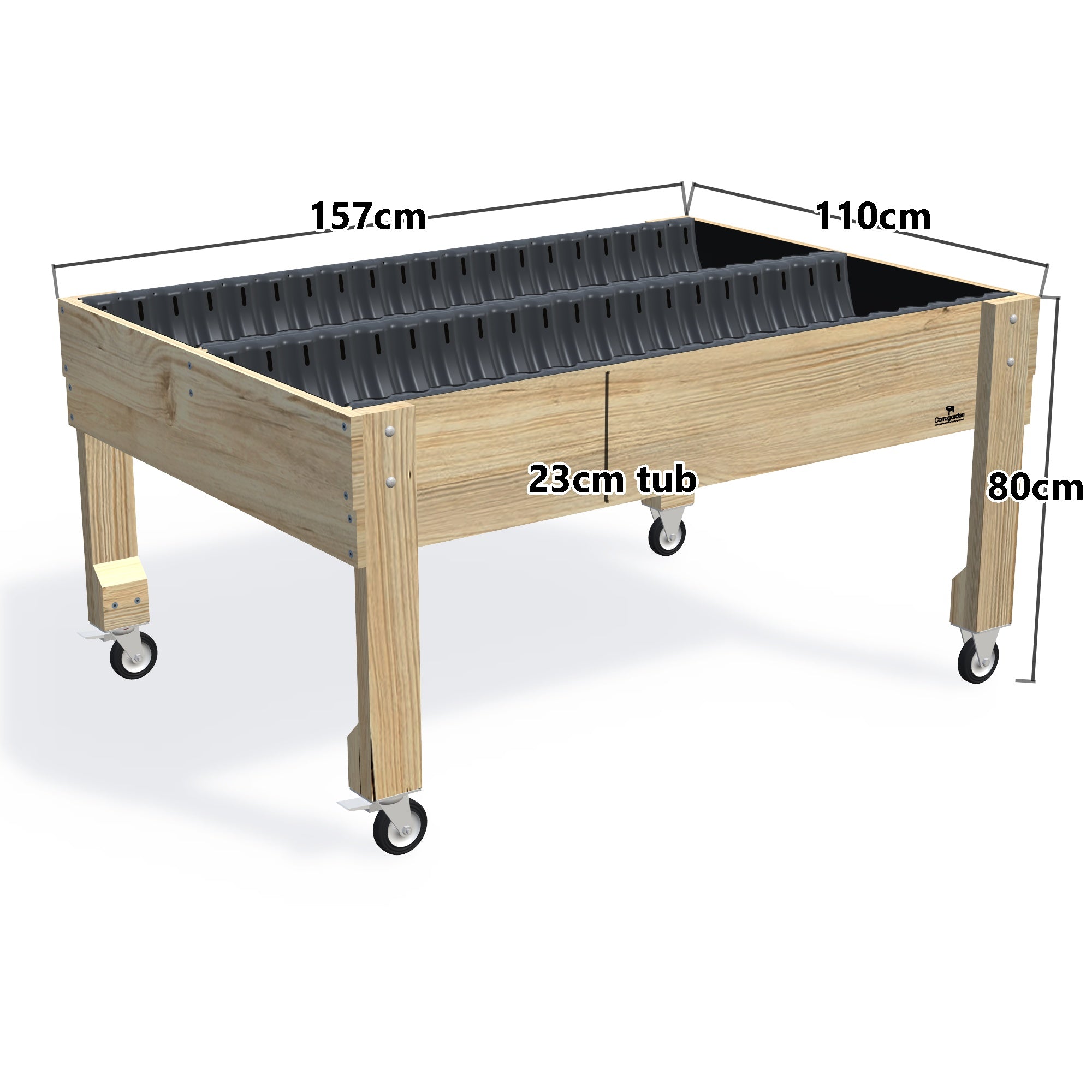 Wide Raised Garden Bed - 80cm high, 80cm high 23cm deep with wheels — timber garden bed, dimensions labelled