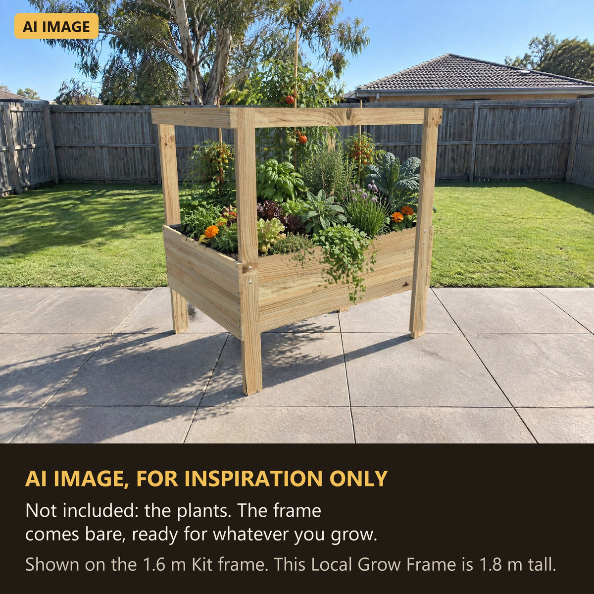 AI image for inspiration: Grow Frame raised garden bed planted as a home veggie bed. Not included: the plants. The frame comes bare, ready for whatever you grow.