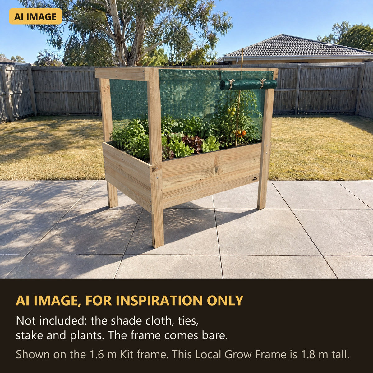 AI image for inspiration: Grow Frame raised garden bed with shade cloth on the sunny side. Not included: the shade cloth, ties, stake and plants. The frame comes bare.