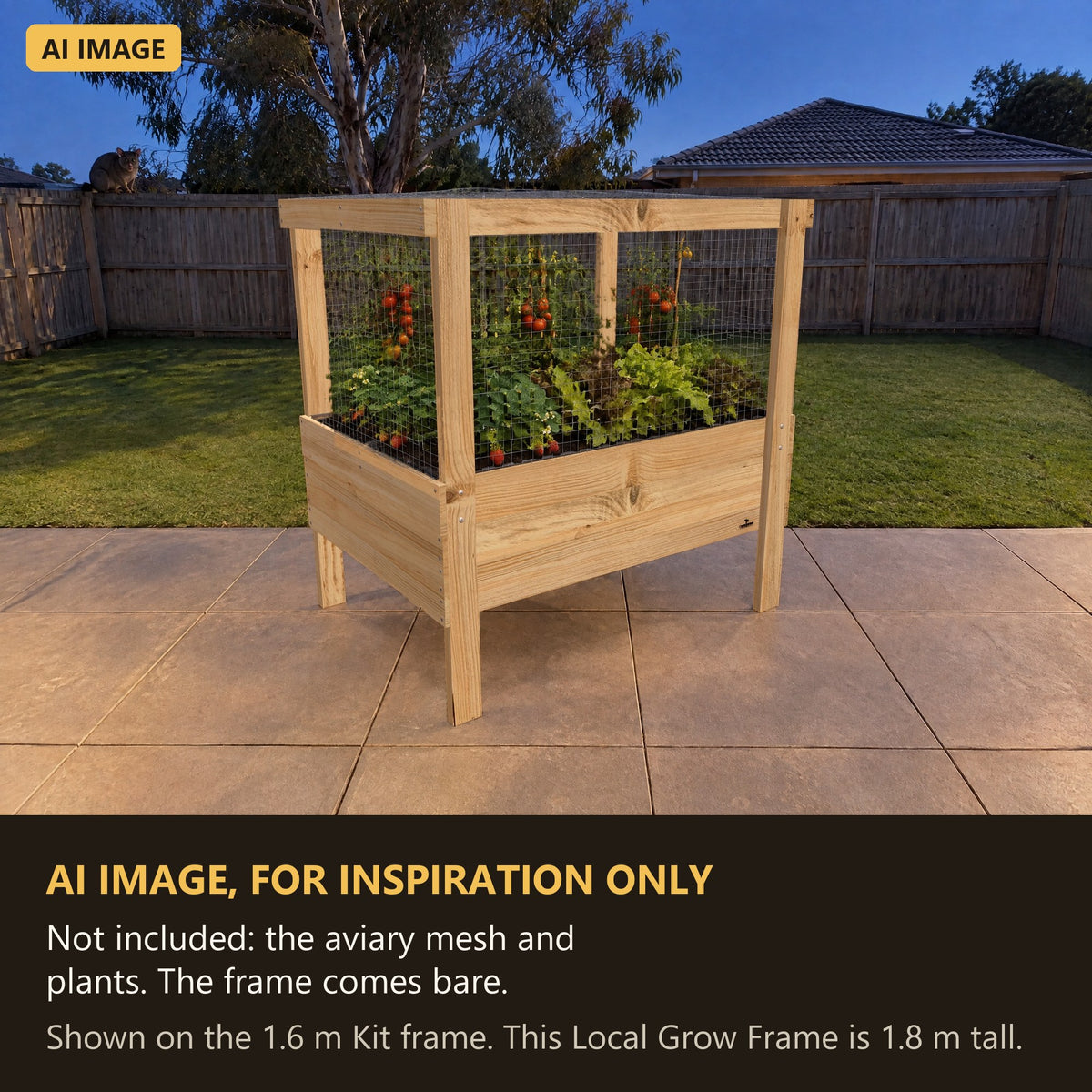 AI image for inspiration: Grow Frame raised garden bed with aviary mesh fixed to the sides. Not included: the aviary mesh and plants. The frame comes bare.