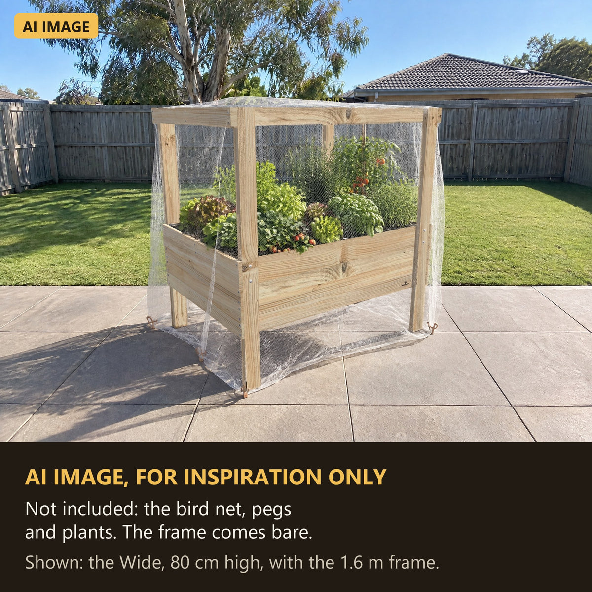 AI image for inspiration: Grow Frame raised garden bed with a bird net thrown over the frame. Not included: the bird net, pegs and plants. The frame comes bare.