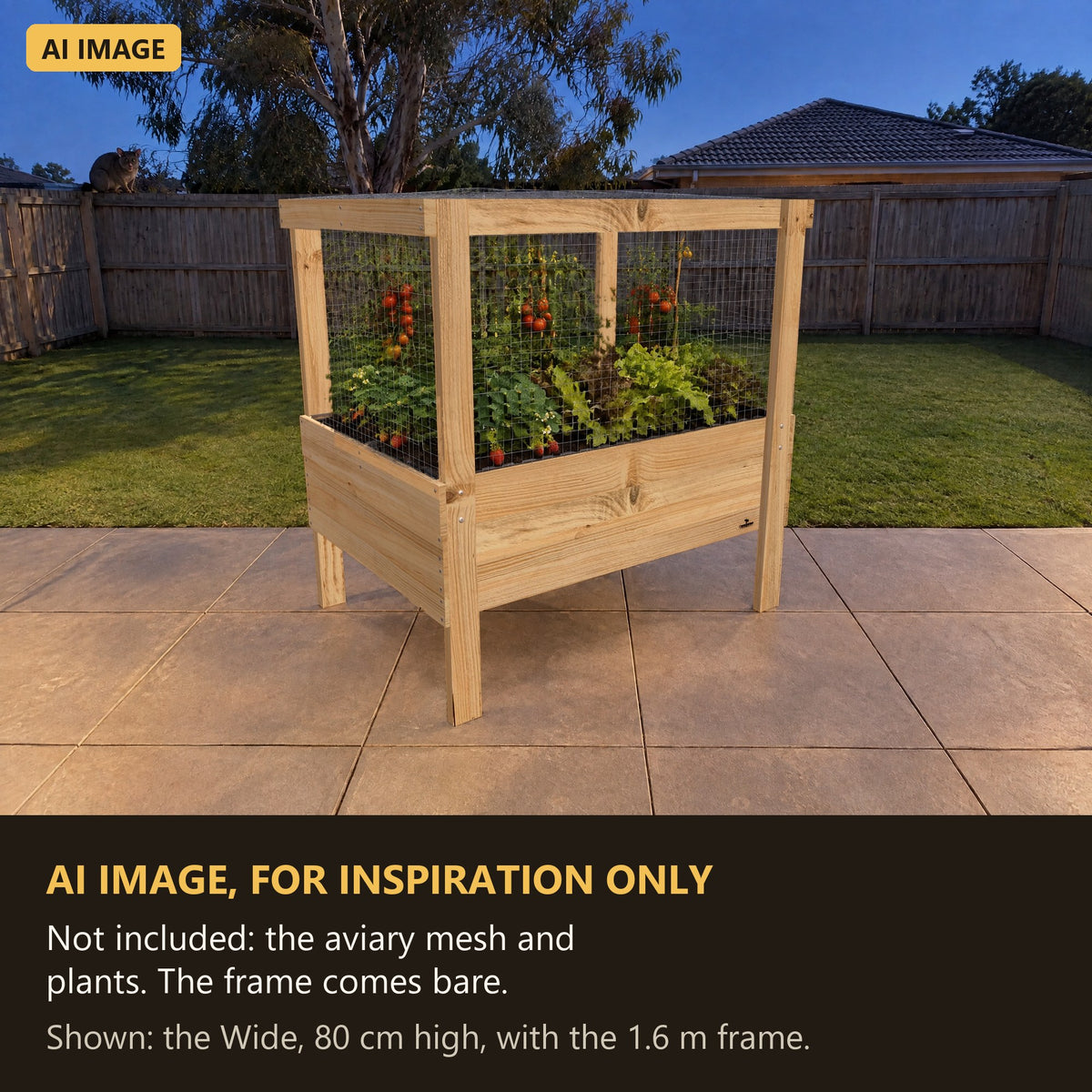 AI image for inspiration: Grow Frame raised garden bed with aviary mesh fixed to the sides. Not included: the aviary mesh and plants. The frame comes bare.