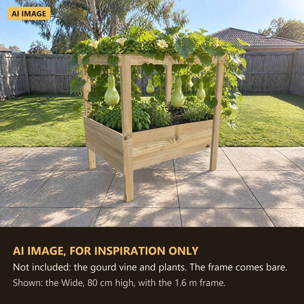 AI image for inspiration: Grow Frame raised garden bed with a gourd vine grown over the top rails. Not included: the gourd vine and plants. The frame comes bare.