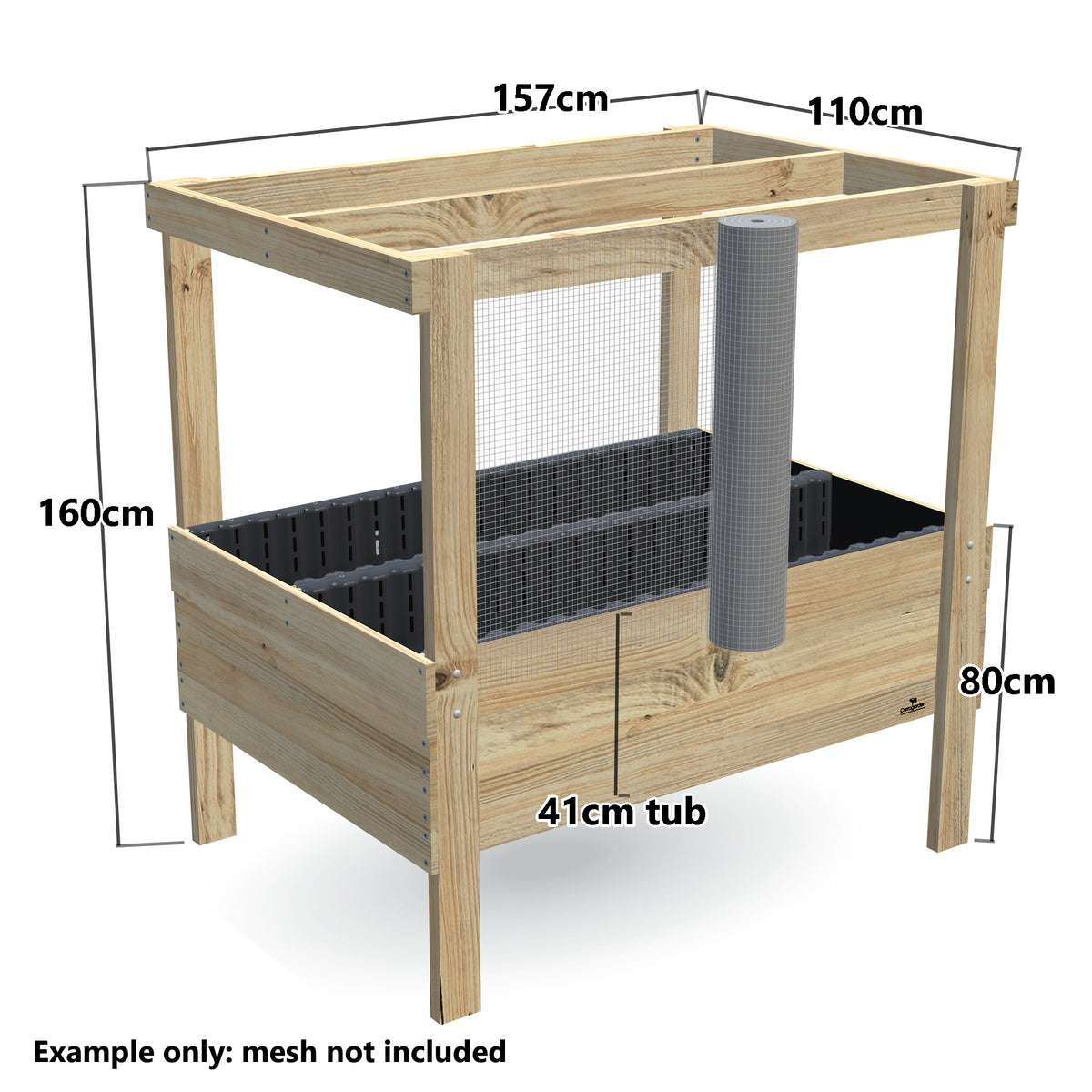 Grow Frame Kit Wide 80 cm with galvanised aviary mesh half rolled out along one side: a standard 90 cm roll runs along the side with its top edge level with the top of the rail, covering the opening and lapping onto the board. Example only, mesh not included.