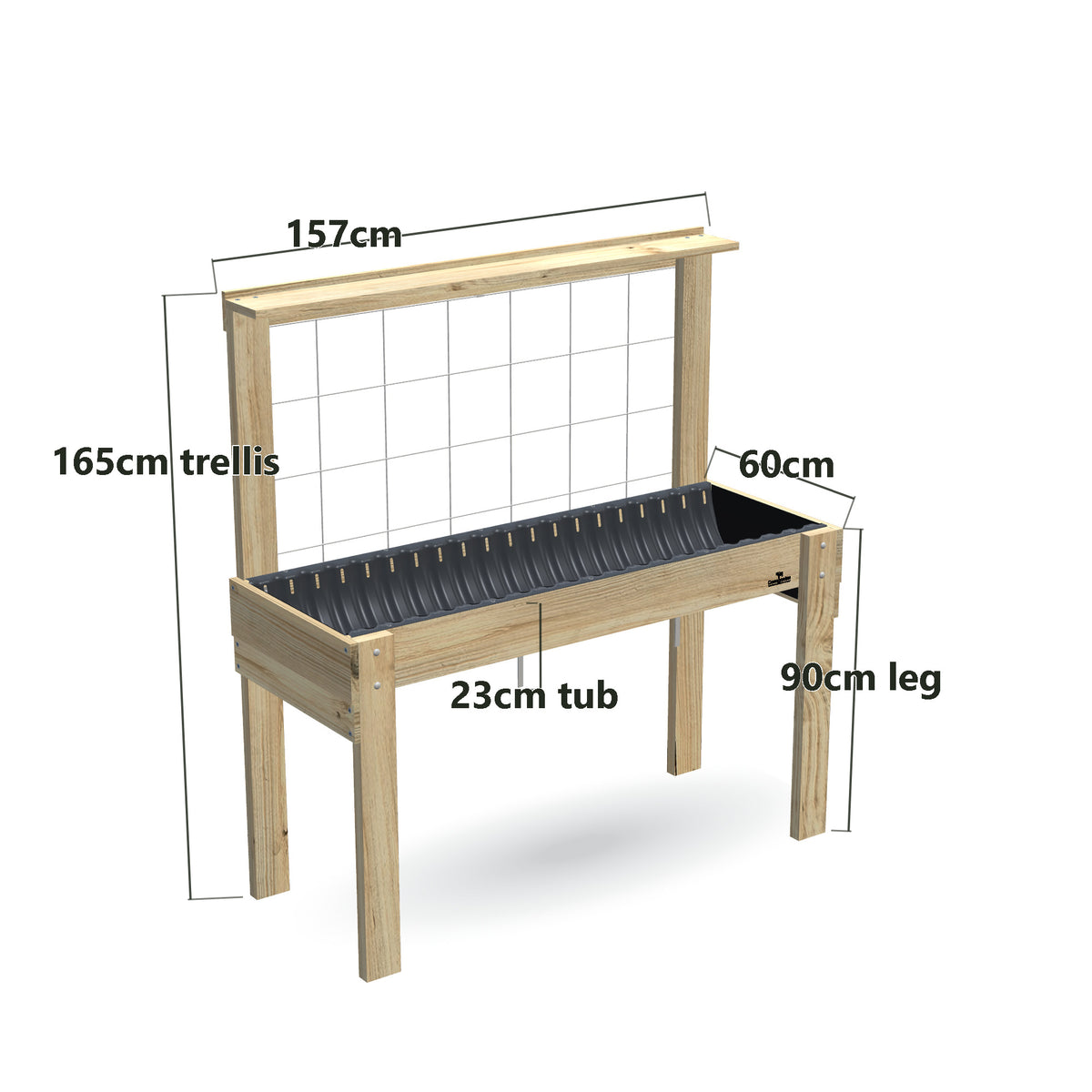Wheelchair Accessible Raised Garden Bed Kit with Growing Mesh Trellis and Pot Shelf - 90cm high, 23cm tub, 165cm trellis - 157 x 60 x 165cm, dimensions labelled