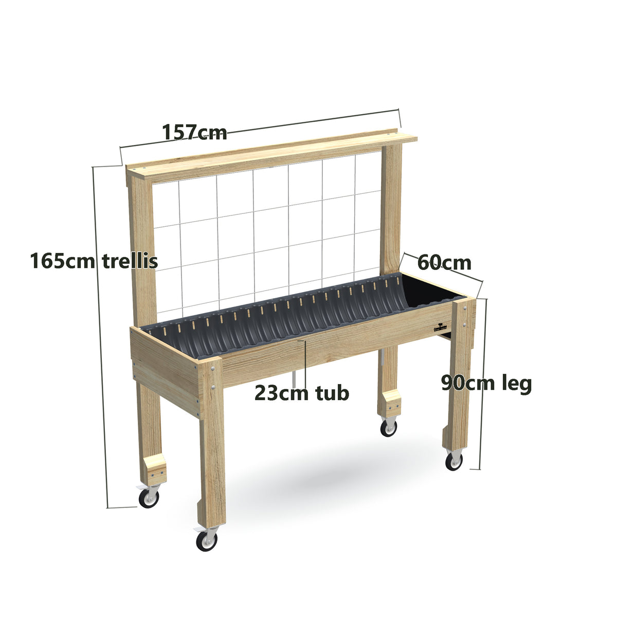 Wheelchair Accessible Raised Garden Bed Kit with Growing Mesh Trellis, Pot Shelf and Wheels - 90cm high, 23cm tub, 165cm trellis - 157 x 60 x 165cm, dimensions labelled