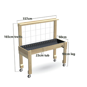 Wheelchair Accessible Raised Garden Bed Kit with Growing Mesh Trellis, Pot Shelf and Wheels - 90cm high, 23cm tub, 165cm trellis - 157 x 60 x 165cm, dimensions labelled