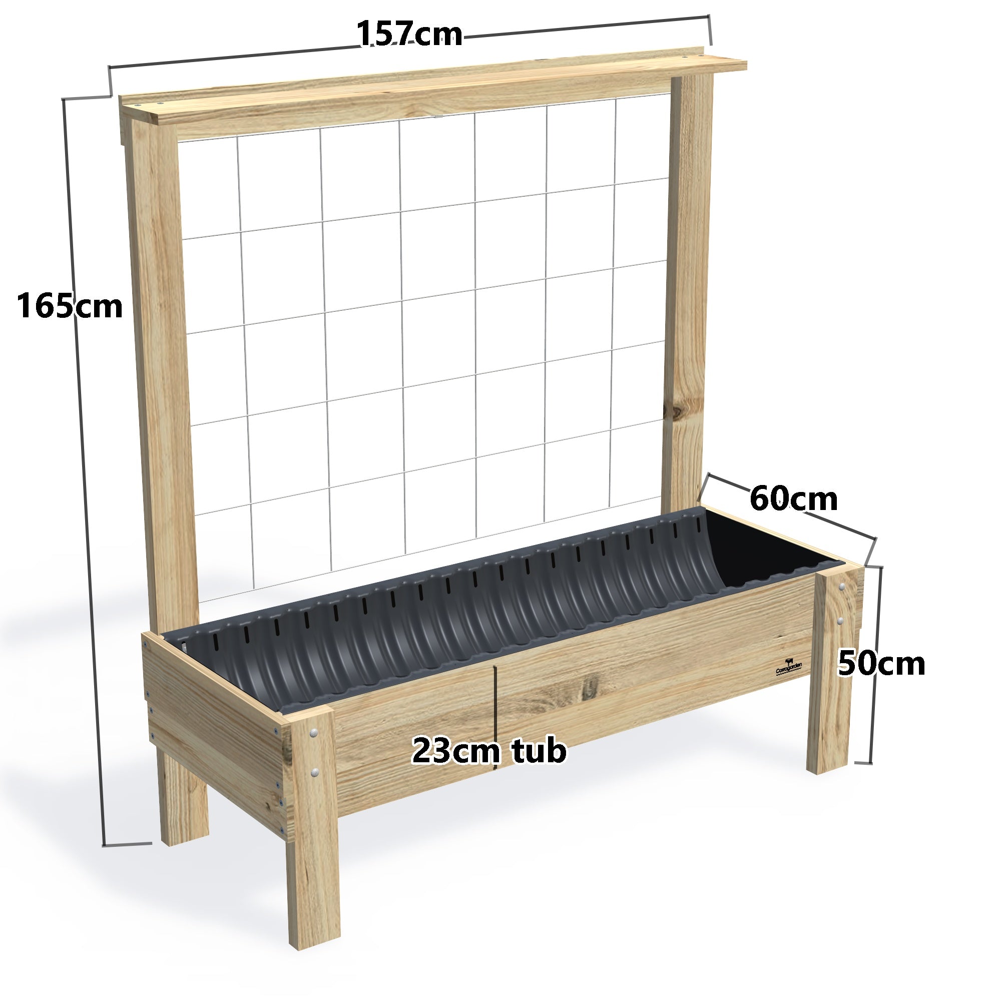 LARGE Planter Box with Trellis & Pot Shelf Kit, 23cm — timber garden bed, dimensions labelled