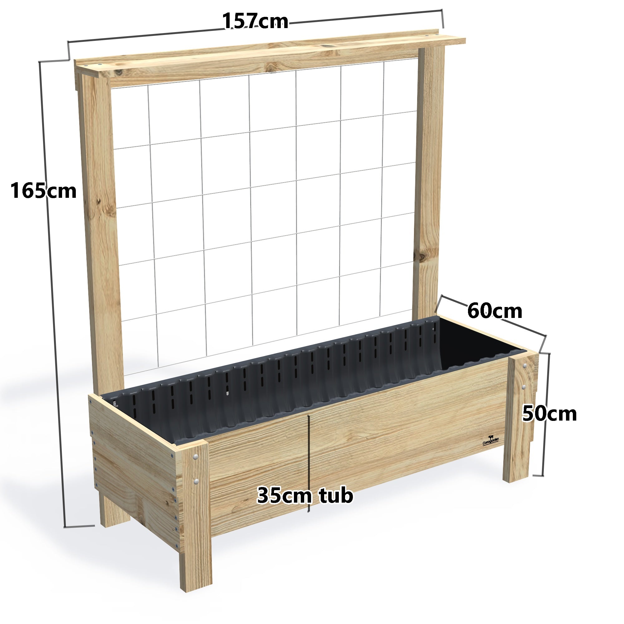 LARGE Planter Box with Trellis & Pot Shelf Kit, 35cm — timber garden bed, dimensions labelled