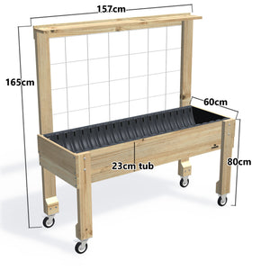 LARGE Raised Garden Bed with Trellis, Pot Shelf & Wheels Kit, 23cm — timber garden bed, dimensions labelled