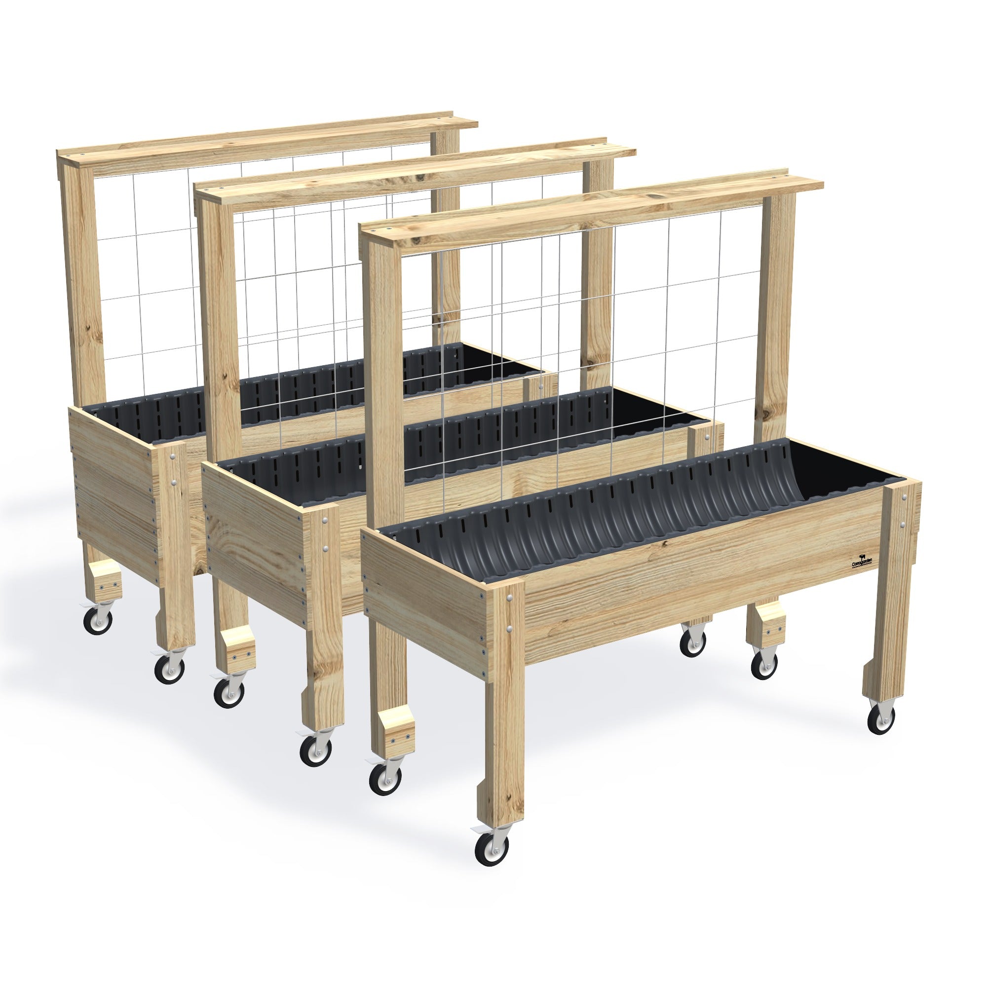 LARGE Raised Garden Bed with Trellis, Pot Shelf & Wheels Kit β the full range of timber garden beds, shown together