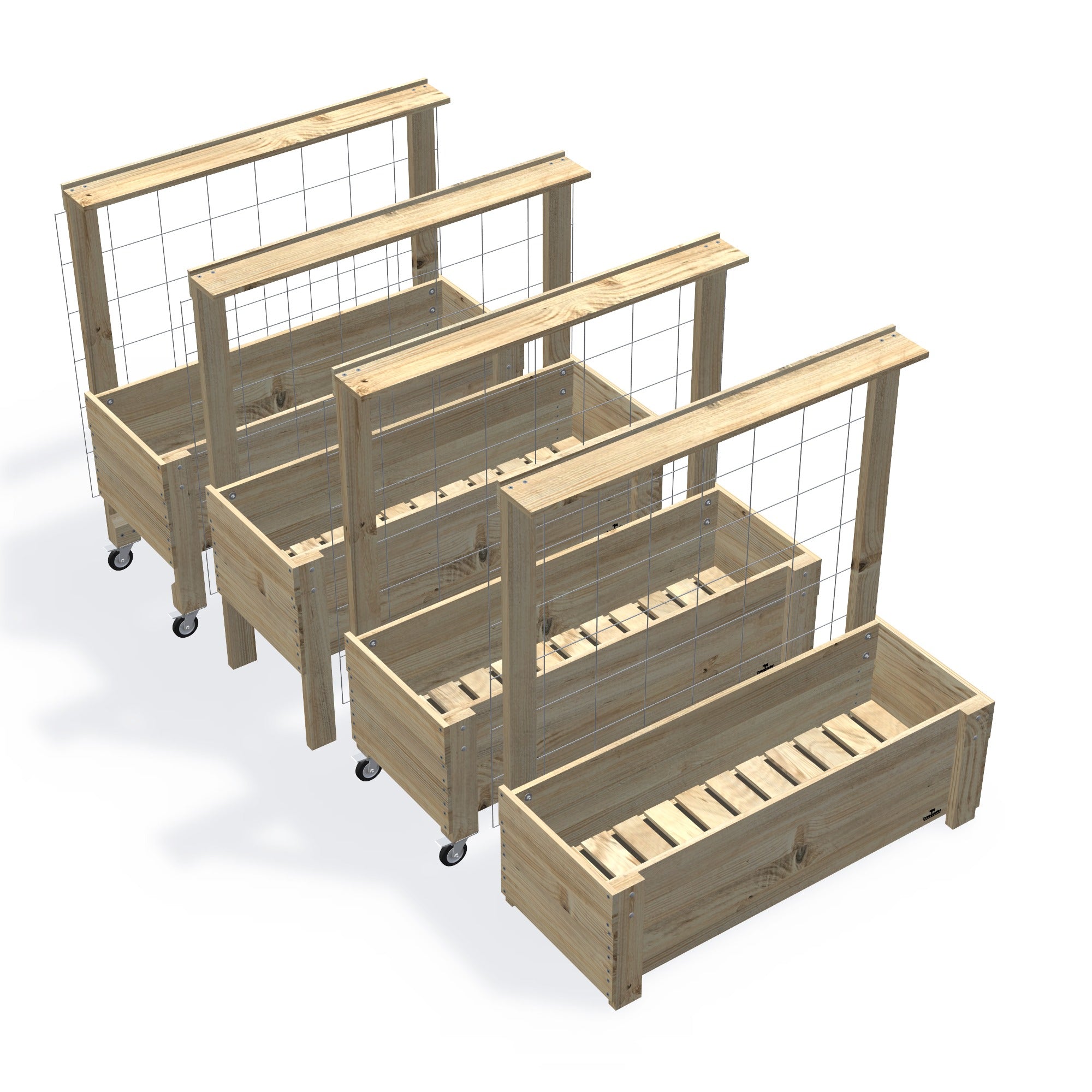 Large Slatted Raised Planter Box With Trellis on Legs β the full range of timber planter boxes, shown together