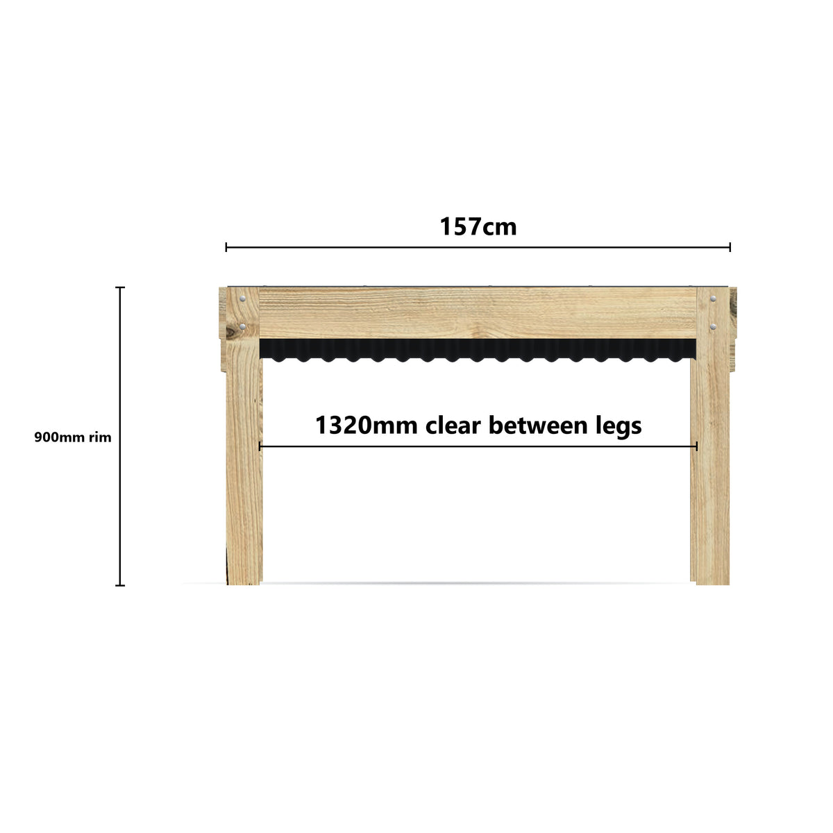 Wheelchair Accessible Raised Garden Bed, front elevation showing 157cm length, 900mm rim and 1320mm clear between the legs